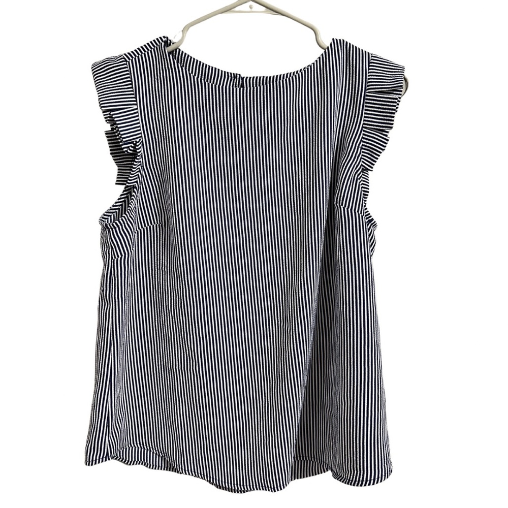 Monteau Navy & White Pinstripe Ruffle Sleeve Blouse